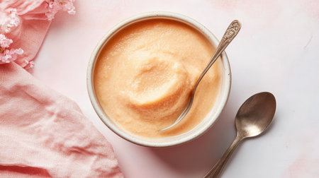 Baby puree in a bowl with a spoon and napkin, with room for brandingの素材