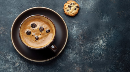 Top view of an espresso with a cookie, space for text or logosの素材