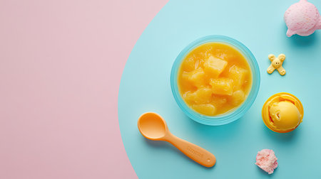 Top view of baby food with a pacifier and small toy, ample space for textの素材