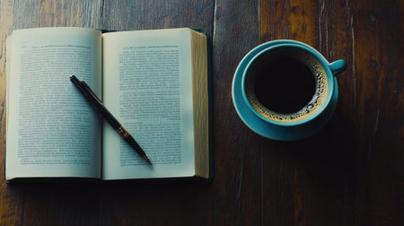 Top view of a coffee cup with a book and pen, space for branding or textの素材
