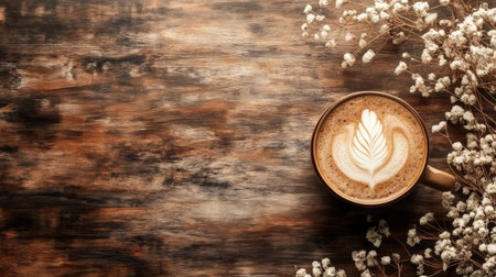 Top view of a latte with art on a wooden table, free space for text or logosの素材