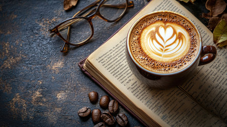Top view of a cappuccino with a book and glasses, space for copyの素材