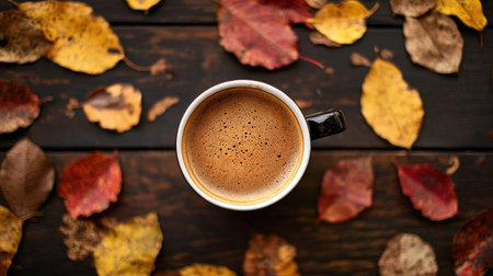 Top view of a coffee cup surrounded by autumn leaves, ample space for textの素材