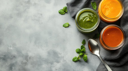 Top view of baby food jars with a napkin and spoon, space for textの素材