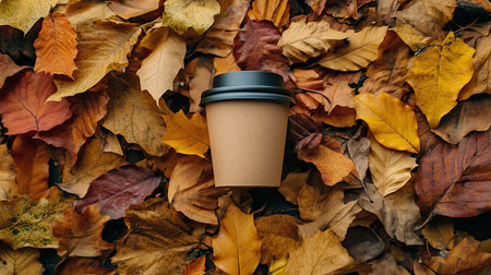 Top view of a coffee cup surrounded by autumn leaves, ample space for textの素材