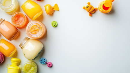 Top view of baby food jars with a small toy, ample space for textの素材