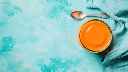 Top view of baby food with a napkin and spoon, space for copyの素材