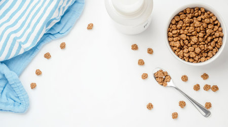 Top view of baby cereal with a bottle and spoon, ample space for textの素材