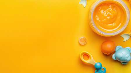 Top view of baby food with a pacifier and small toy, ample space for textの素材