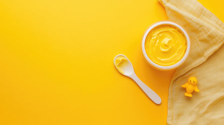 Top view of baby food with a napkin and small toy, ample space for textの素材