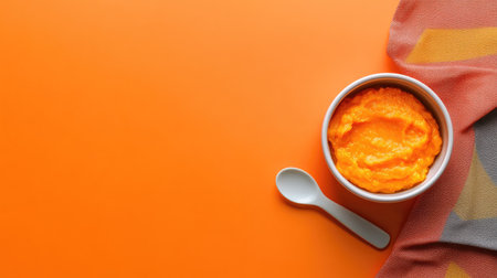 Top view of baby puree with a bib and spoon, space for textの素材