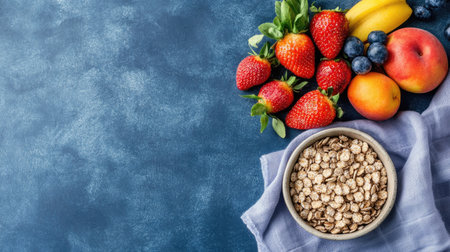 Top view of baby cereal with a napkin and fruits, space for textの素材