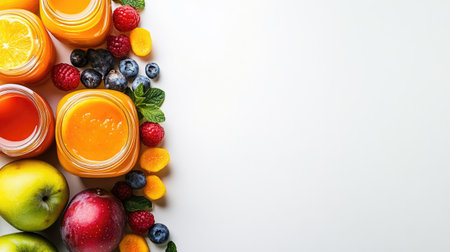 Top view of a baby food jar with fruits, space for text besideの素材