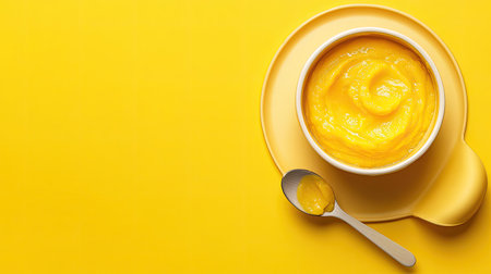 Top view of baby puree with a bib and spoon, space for textの素材
