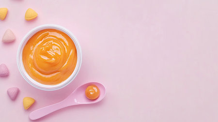 Top view of baby food with a spoon and small toy, space for textの素材