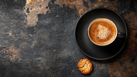 Top view of an espresso with a cookie, space for text or logosの素材