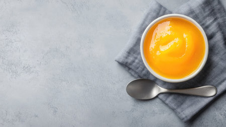 Top view of baby food with a spoon on a napkin, space for textの素材