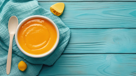 Top view of baby food with a napkin and small toy, ample space for textの素材