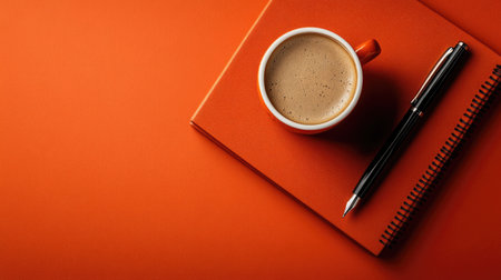 Top view of a coffee cup with a book and pen, space for branding or textの素材