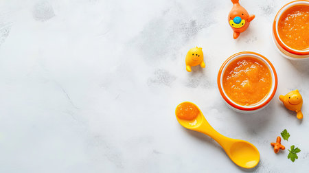 Top view of baby food with a small toy and spoon, space for textの素材