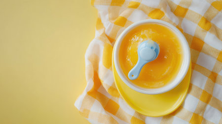Top view of baby food with a pacifier and bib, ample space for textの素材