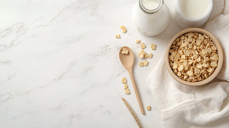Top view of baby cereal with a bottle and spoon, ample space for textの素材