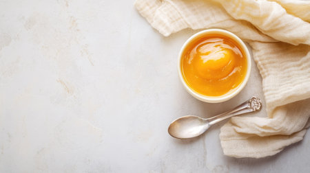 Top view of baby food with a spoon and napkin, ample space for textの素材