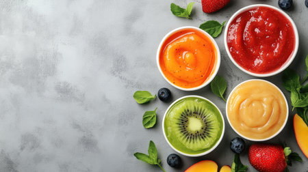 Top view of baby food with fruits, space for text besideの素材