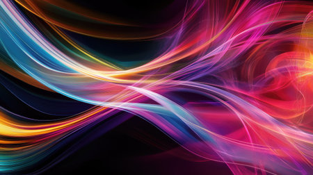 Dynamic abstract background with swirling lines and vibrant colors. Copy space in the upper right corner."の素材