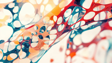 Abstract pattern with interconnected shapes and bright colors. Plenty of copy space on the left."の素材