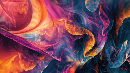Abstract fractal design with complex patterns and vibrant hues. Ample copy space in the bottom right."の素材