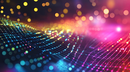 Abstract digital background with a futuristic grid pattern and vibrant colors. Copy space on the top."の素材