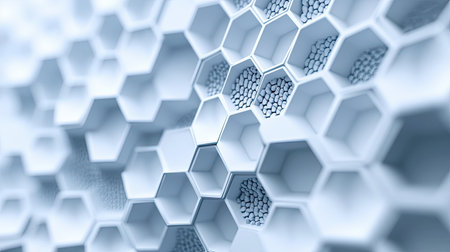 Abstract hexagonal pattern with 3D depth effect. Plenty of copy space in the top left corner."の素材