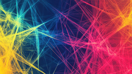 Abstract pattern with interconnected lines and bright colors. Ample copy space on the top."の素材