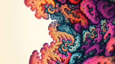 Abstract fractal design with bright colors and intricate details. Plenty of copy space on the left."の素材