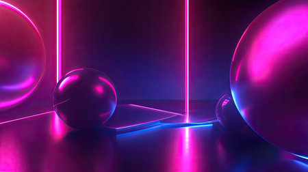 Futuristic abstract design with neon lights and 3D shapes. Ample copy space on the top right."の素材