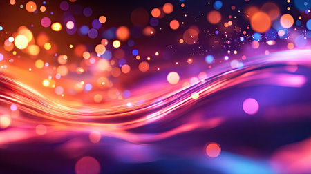 Glowing abstract background with flowing light trails and bokeh effects. Clear copy space on the bottom."の素材