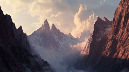 Dramatic mountain scenery with jagged cliffs and a wide open sky. The scene offers plenty of copy space above the peaks."の素材