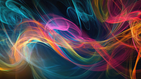Dynamic abstract background with swirling lines and vibrant colors. Copy space in the upper right corner."の素材