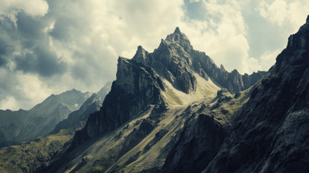Dramatic mountain scenery with jagged cliffs and a wide open sky. The scene offers plenty of copy space above the peaks."の素材
