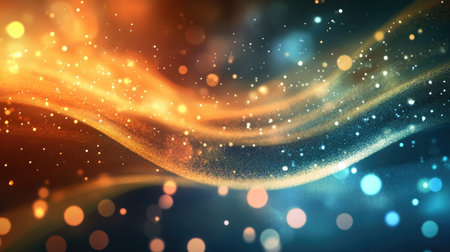 Glowing abstract background with flowing light trails and bokeh effects. Clear copy space on the bottom."の素材