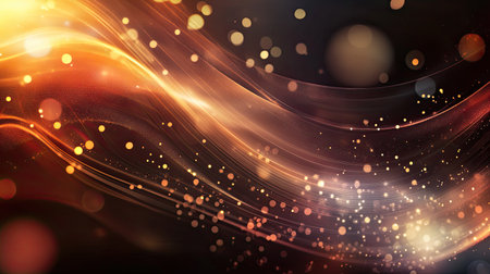 Glowing abstract background with flowing light trails and bokeh effects. Clear copy space on the bottom."の素材