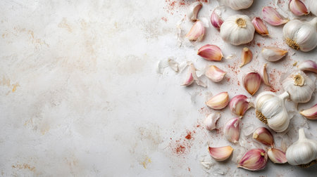 Fresh garlic bulbs and cloves spread out on a light surface, leaving plenty of copy space around.の素材