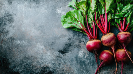 Freshly picked beets, some with greens attached, arranged on a rustic surface with room for a message.の素材