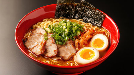 A vibrant bowl of ramen with sliced pork, boiled egg, and green onions, placed on a dark background with ample copy space.の素材