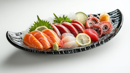 A beautifully arranged plate of sashimi with tuna, salmon, and octopus slices, leaving room for text.の素材