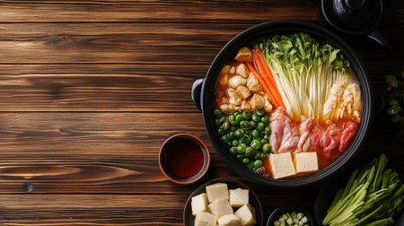 A traditional Japanese hot pot (nabe) with vegetables, tofu, and meat, with ample copy space around.の素材