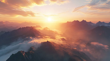 Stunning top view of a mountain range at sunrise, with misty valleys and soft golden light. Ample copy space in the sky."の素材