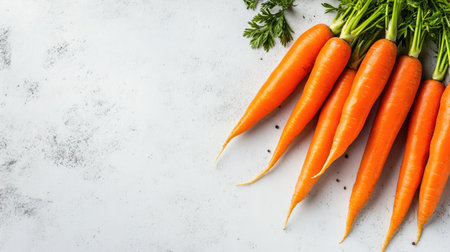 Fresh carrots arranged on a white surface, showcasing their vibrant orange color, with plenty of copy space around.の素材