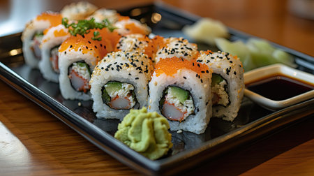 A neatly arranged sushi roll platter with soy sauce and wasabi on the side, with plenty of room for copy.の素材